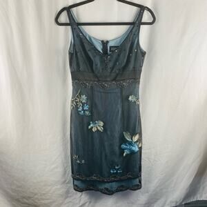 Adrianna Papell Blue and Black Lace Overlay‎ Floral Embroidered Babydoll Fairy